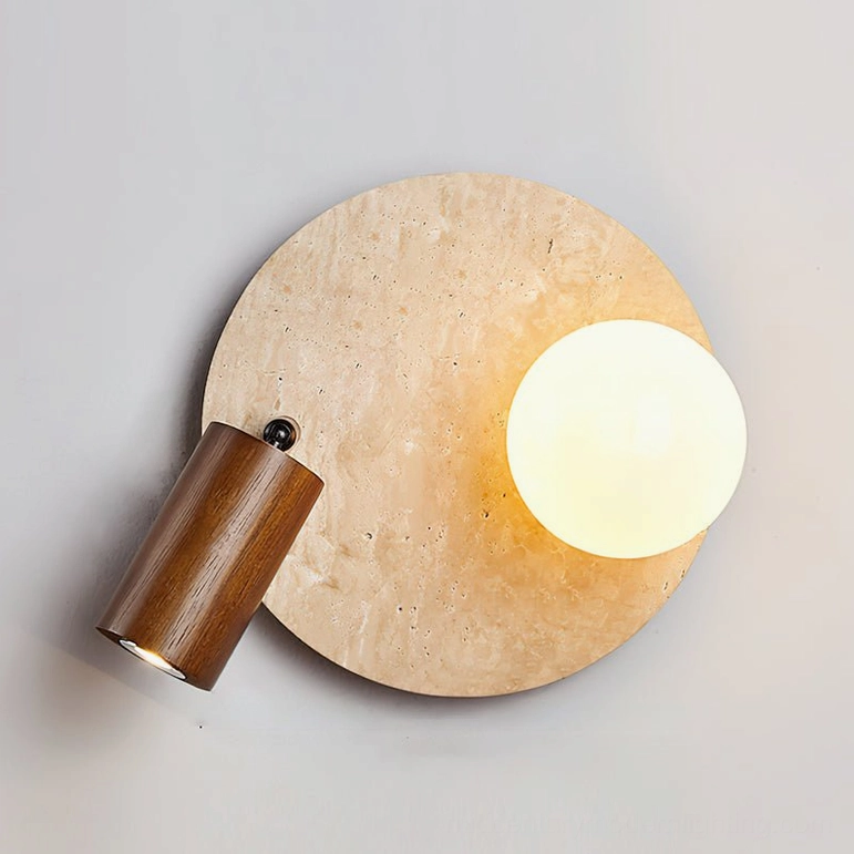 Luka Model A Travertine Wall Lamp circular 9.8 inch diameter in natural beige finish with walnut wood arm mid-century modern design
