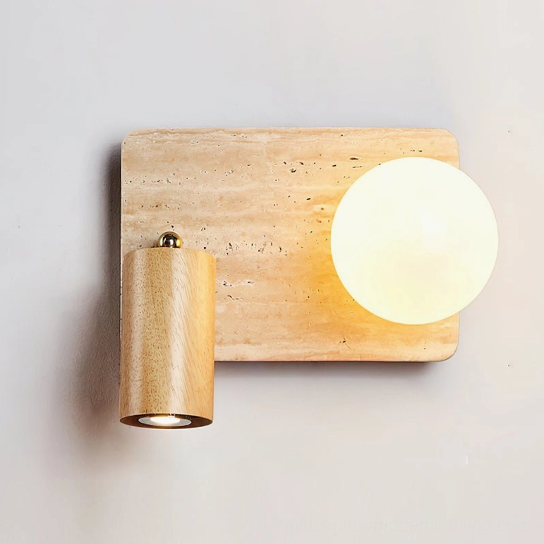 Luka Model B Travertine Wall Lamp 9.1 inch rectangular compact wall light in beige and natural wood color modern design