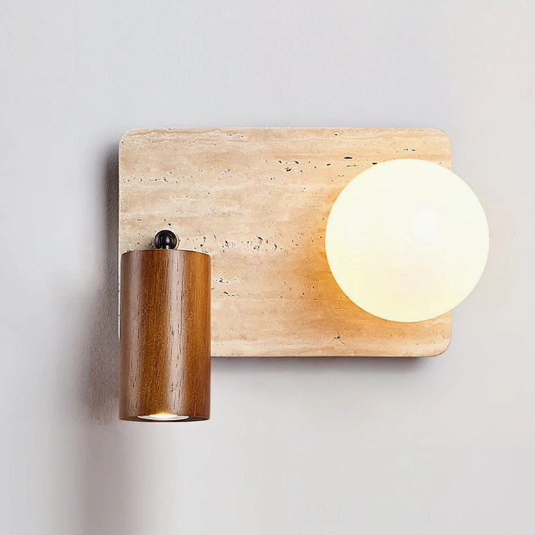 Luka Model B Travertine Wall Lamp rectangular design in beige travertine with walnut wood accent contemporary minimalist style