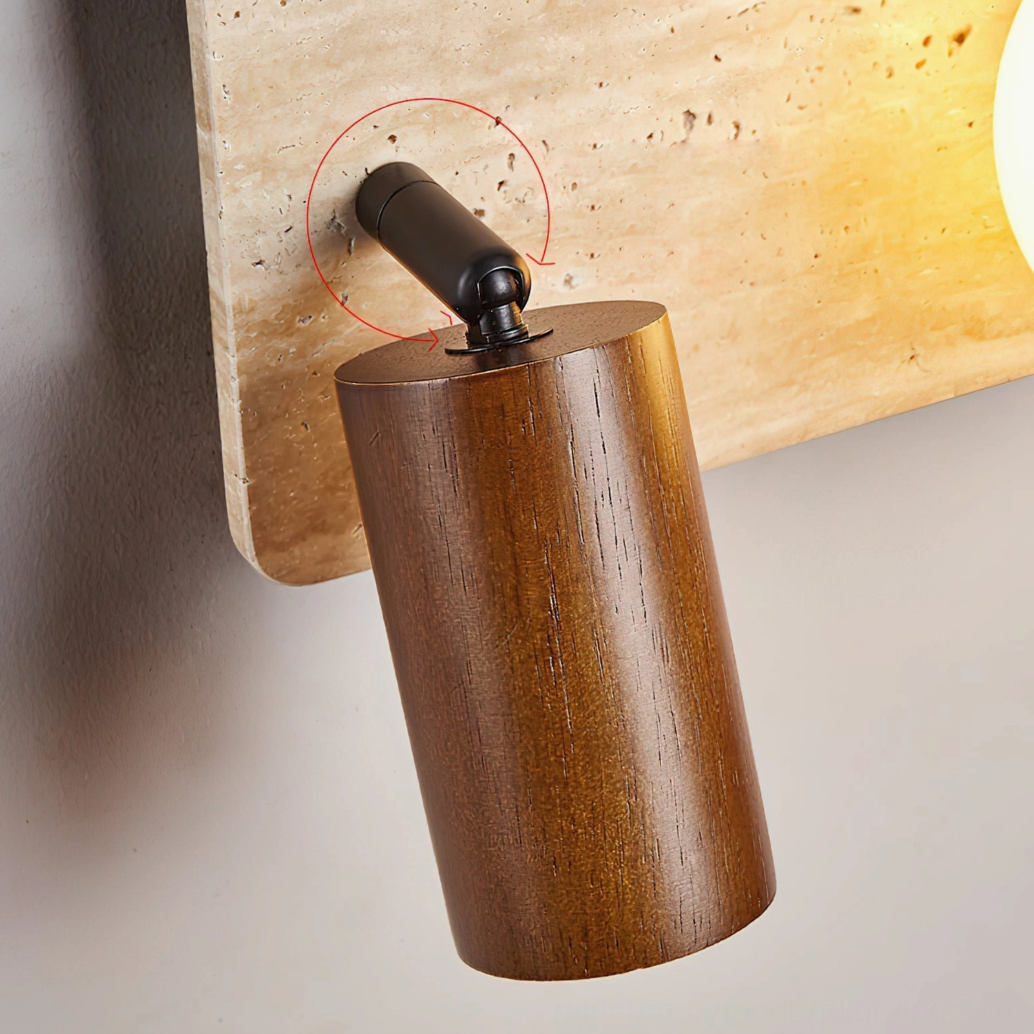 Adjustable wooden arm and rotatable joint mechanism of Luka Travertine Wall Lamp in dark brown walnut finish showing craftsmanship