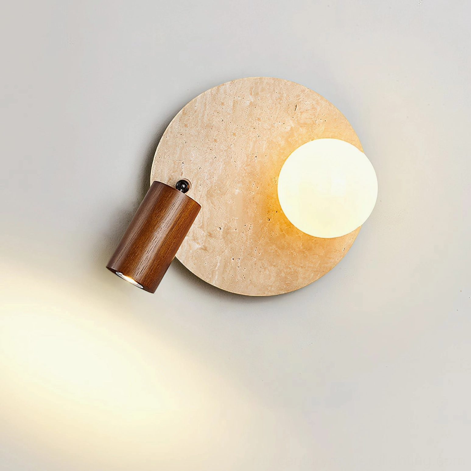 Luka Travertine Wall Lamp size comparison and mounting installation showing wall hardware and installation guide for modern bedroom