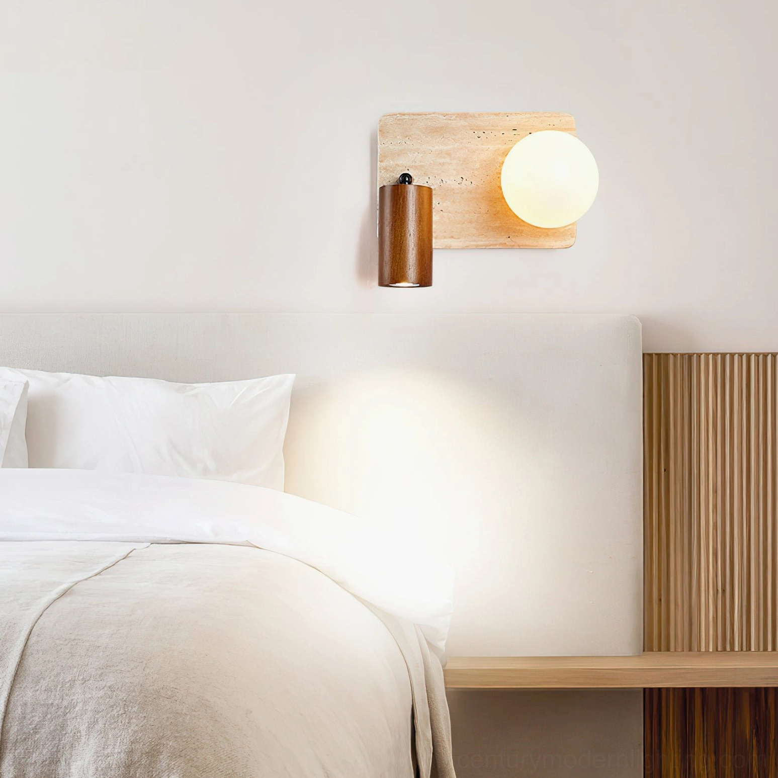 Luka Travertine Wall Lamp overhead bedroom view showing modern minimalist sleeping space with warm travertine stone texture and soft illumination