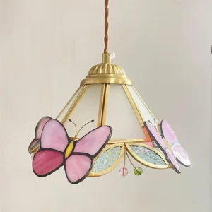 Stained Glass Butterfly Pendant Light with Twisted Brass Hanging Cord - Side Profile View