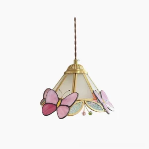 Lulla Butterfly Stained Glass Pendant Lamp with Brass Frame and Pink Butterflies - Front View on White Background