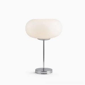 Lumi minimalist table lamp with frosted glass shade and silver chrome base, front view studio shot