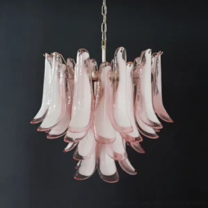 Hand-blown pink Murano glass chandelier overhead view with brass suspension chain