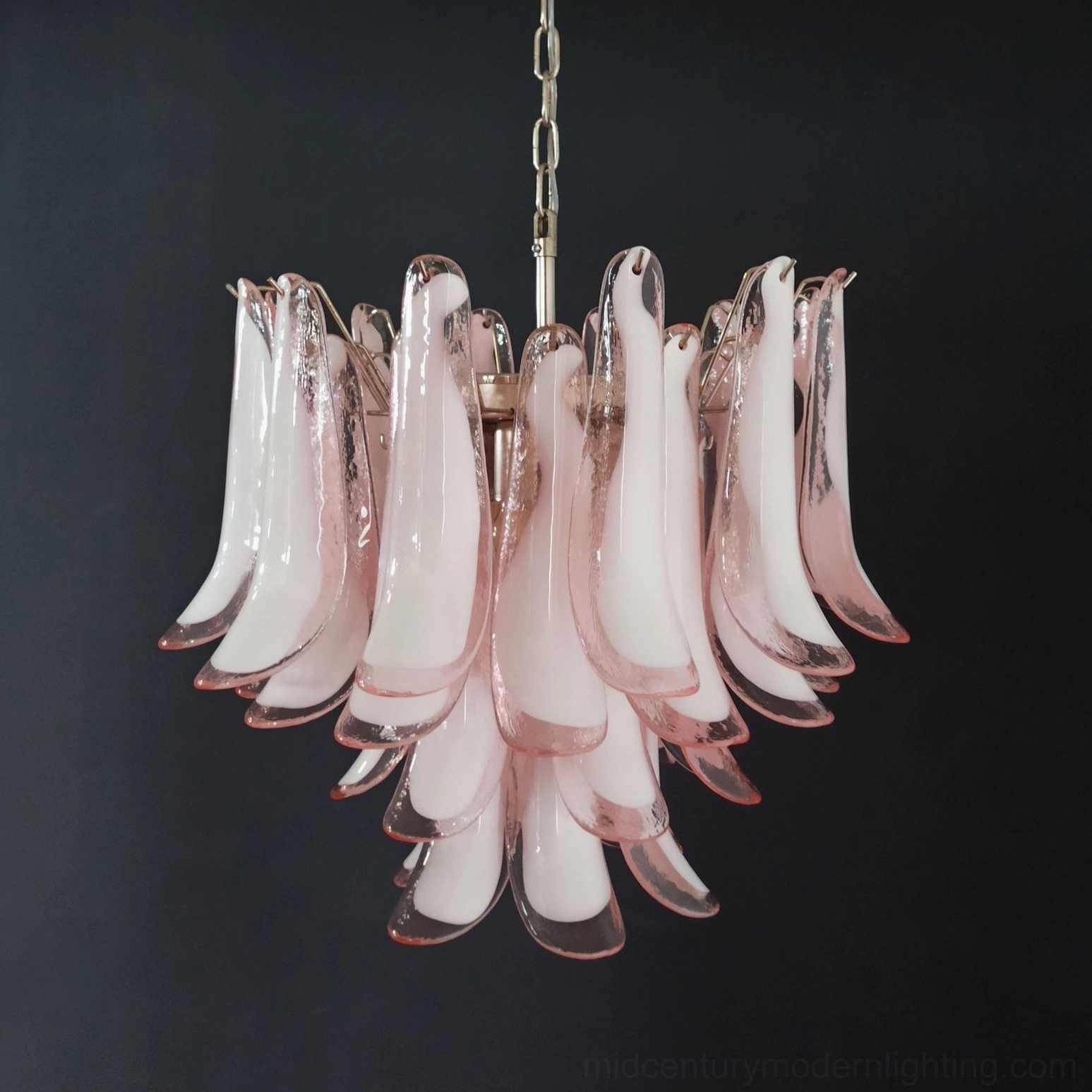 Hand-blown pink Murano glass chandelier overhead view with brass suspension chain