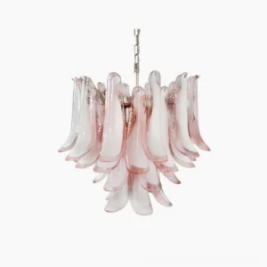 Luna Murano glass chandelier with hand-blown pink gradient petals, front view on white background