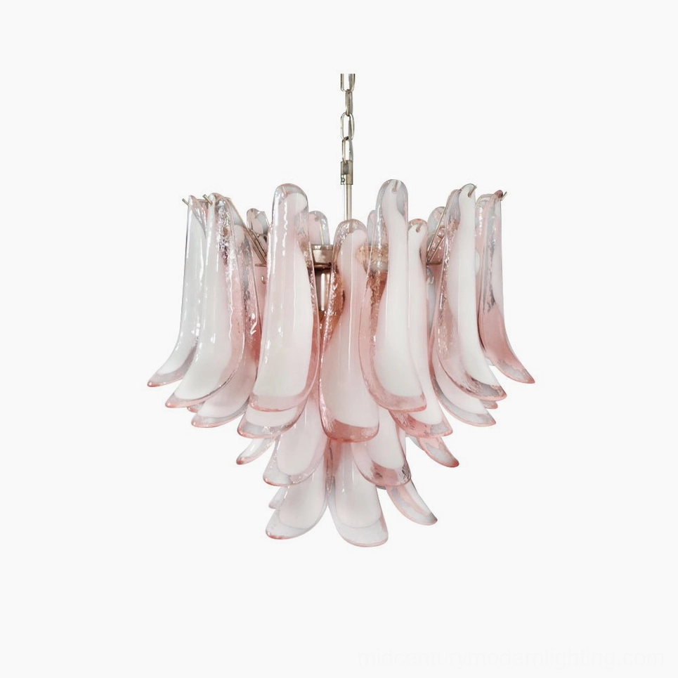 Luna Murano glass chandelier with hand-blown pink gradient petals, front view on white background