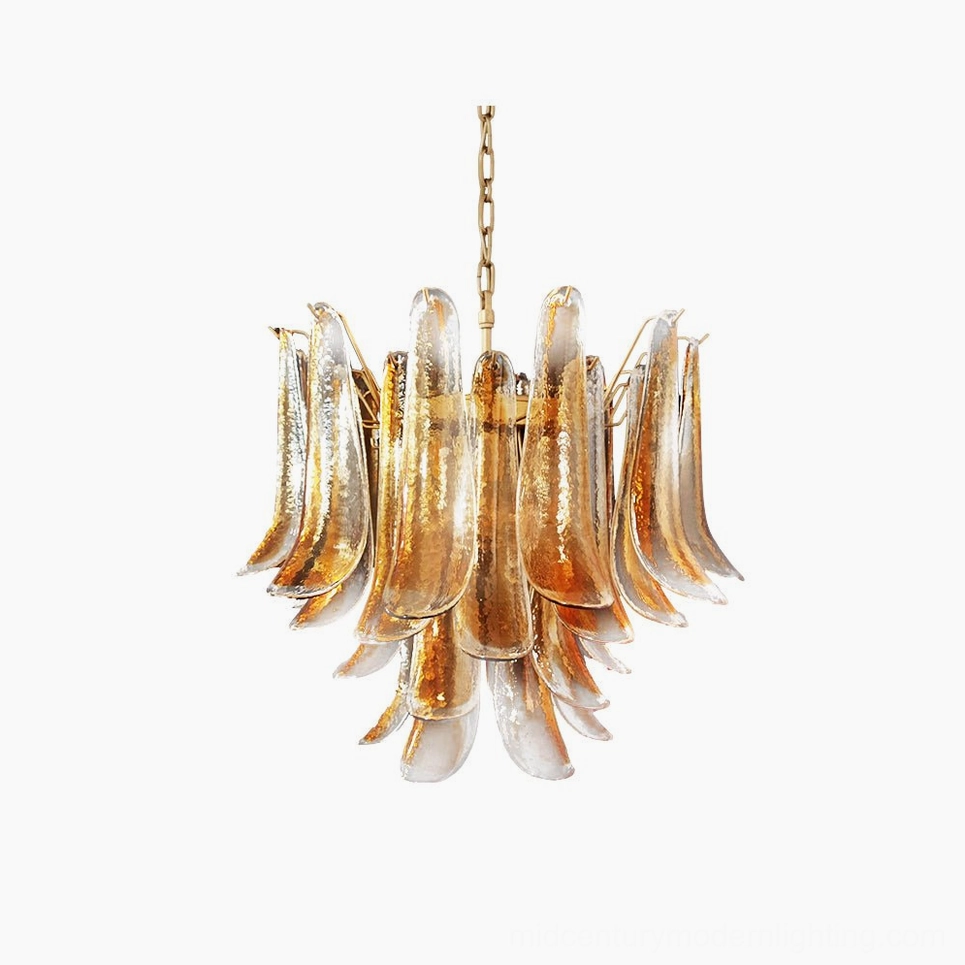 Luna pink hand-blown Murano glass chandelier suspended in elegant interior space with mood lighting