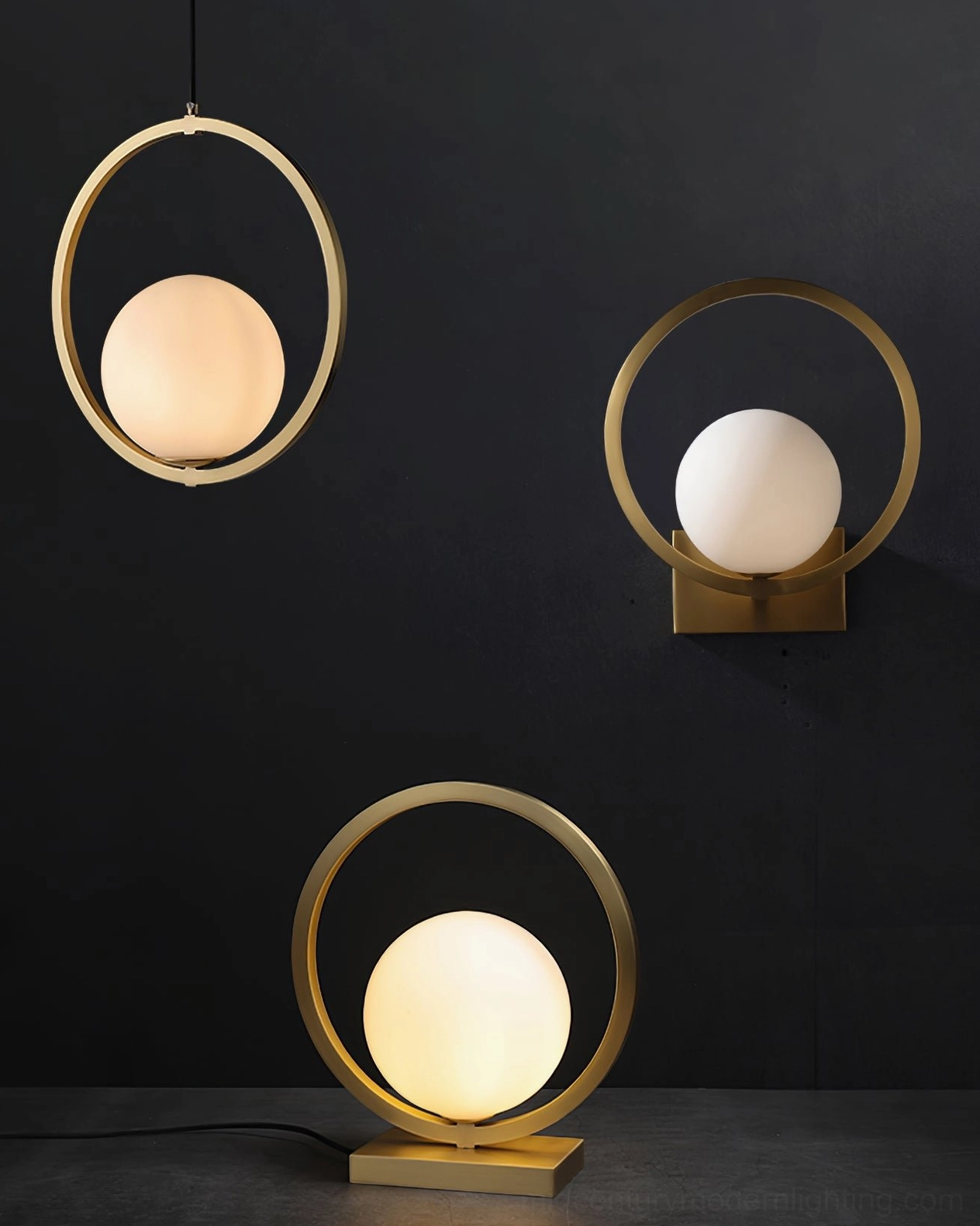 Three brass table lamp variants displayed at overhead angle showcasing modern luxury design