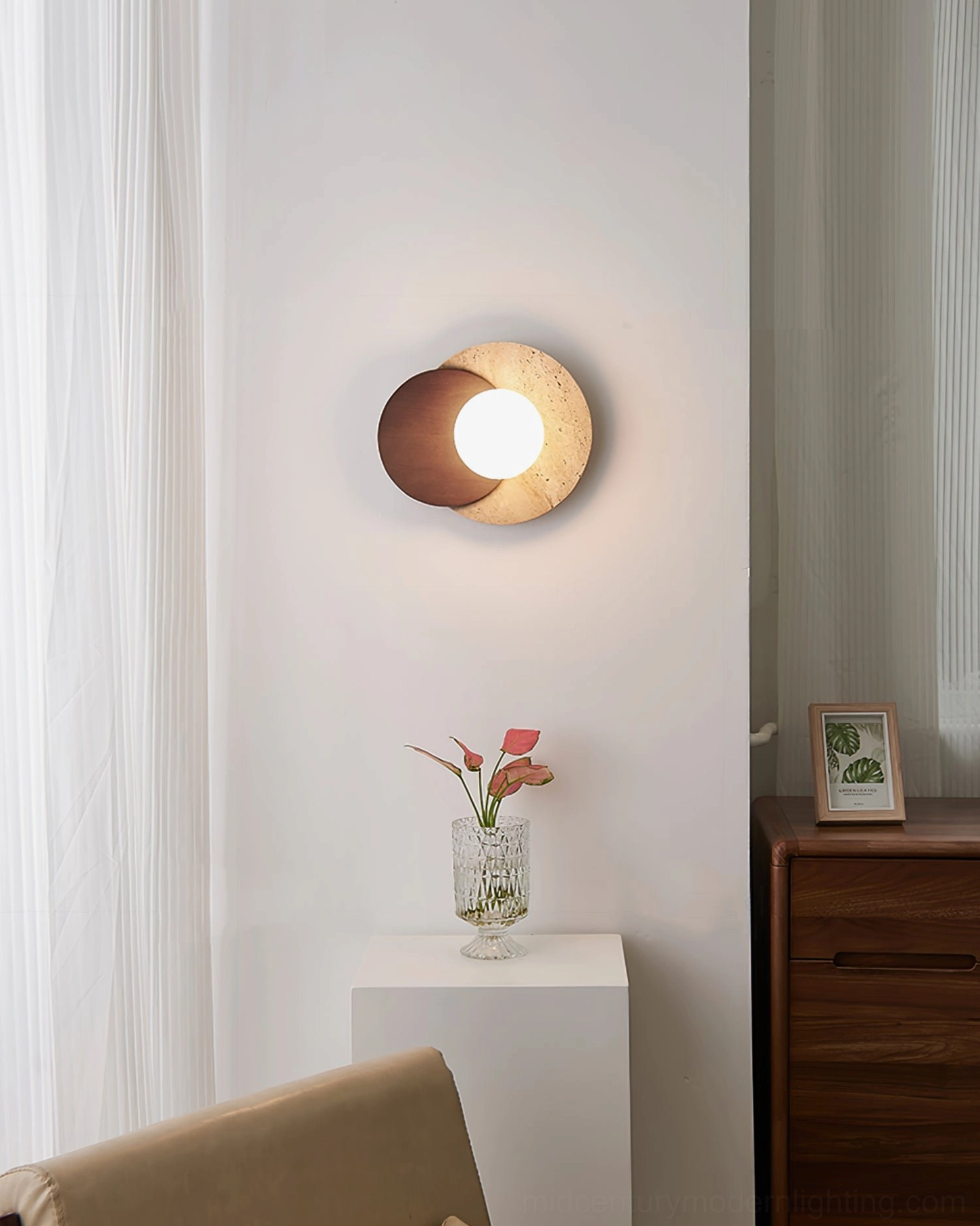 Lunar Eclipse sconce minimalist entryway boho-wabi sabi home decor with side furniture