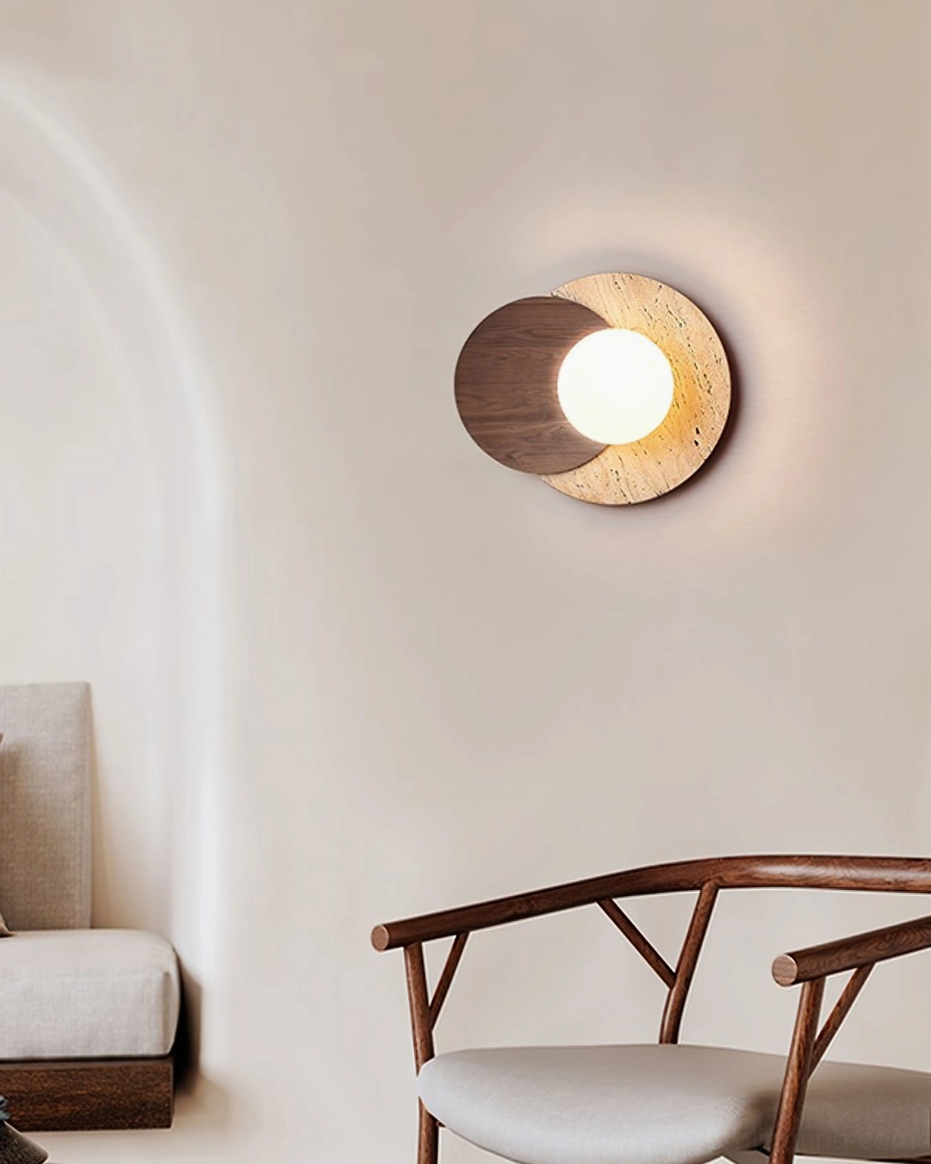Lunar Eclipse wall sconce cozy living room wooden armchair mid-century modern minimalist