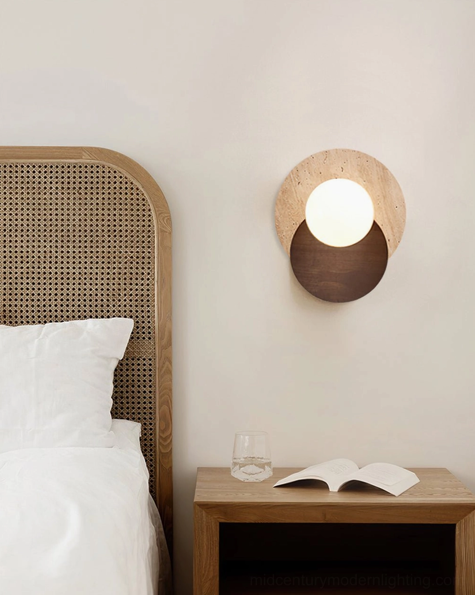 Lunar Eclipse sconce bedroom rattan headboard nightstand soft ambient bedside lighting