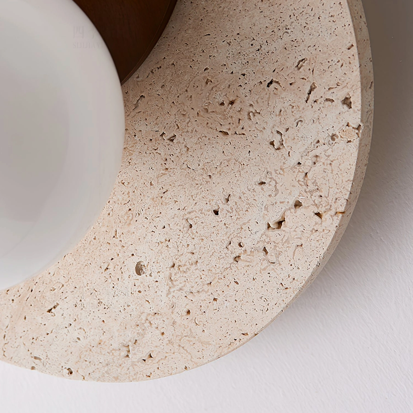 Lunar Eclipse travertine walnut wall sconce architectural design detail and craftsmanship