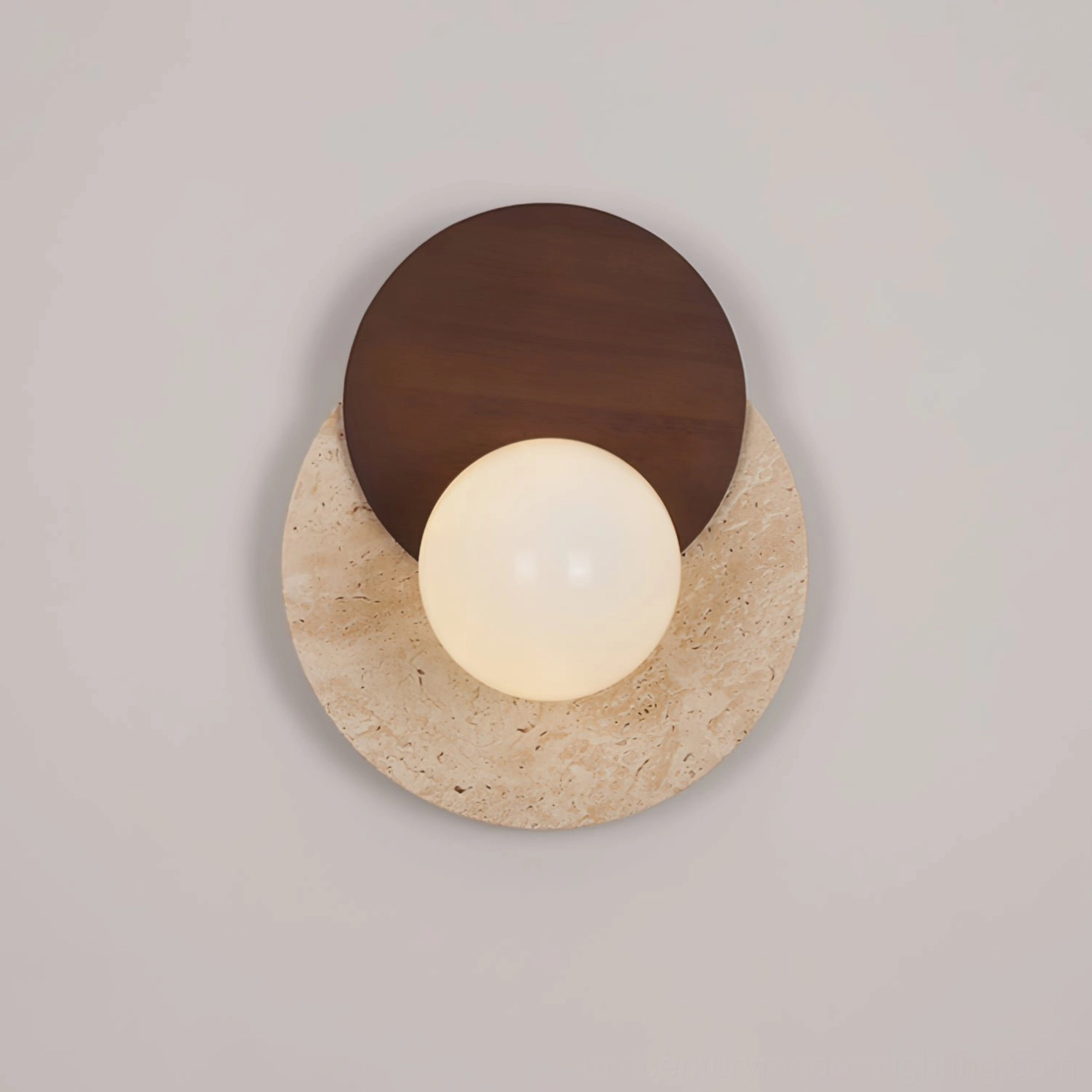 Lunar Eclipse sconce front view unlit frosted glass globe travertine walnut base materials
