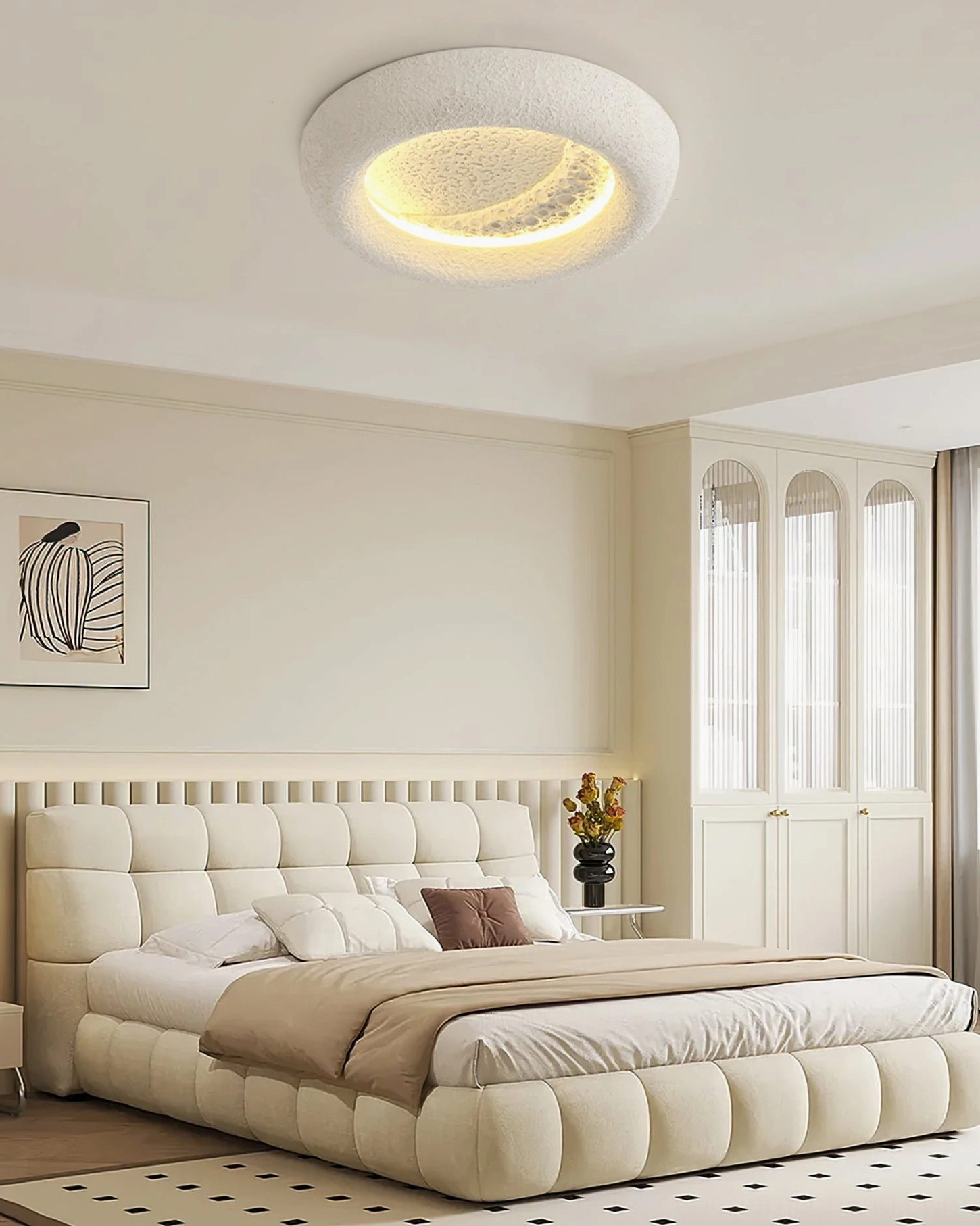 Lunar Glow contemporary ceiling fixture showing matte finish and sculptural moon surface design
