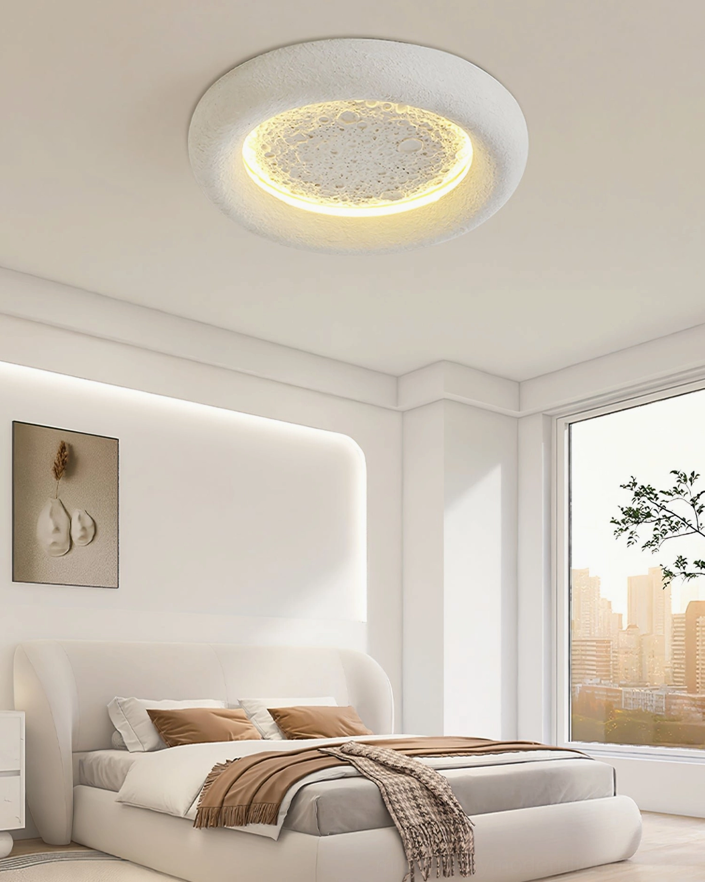 Lunar Glow LED ceiling lamp installed in modern minimalist bedroom with neutral tones and contemporary decor
