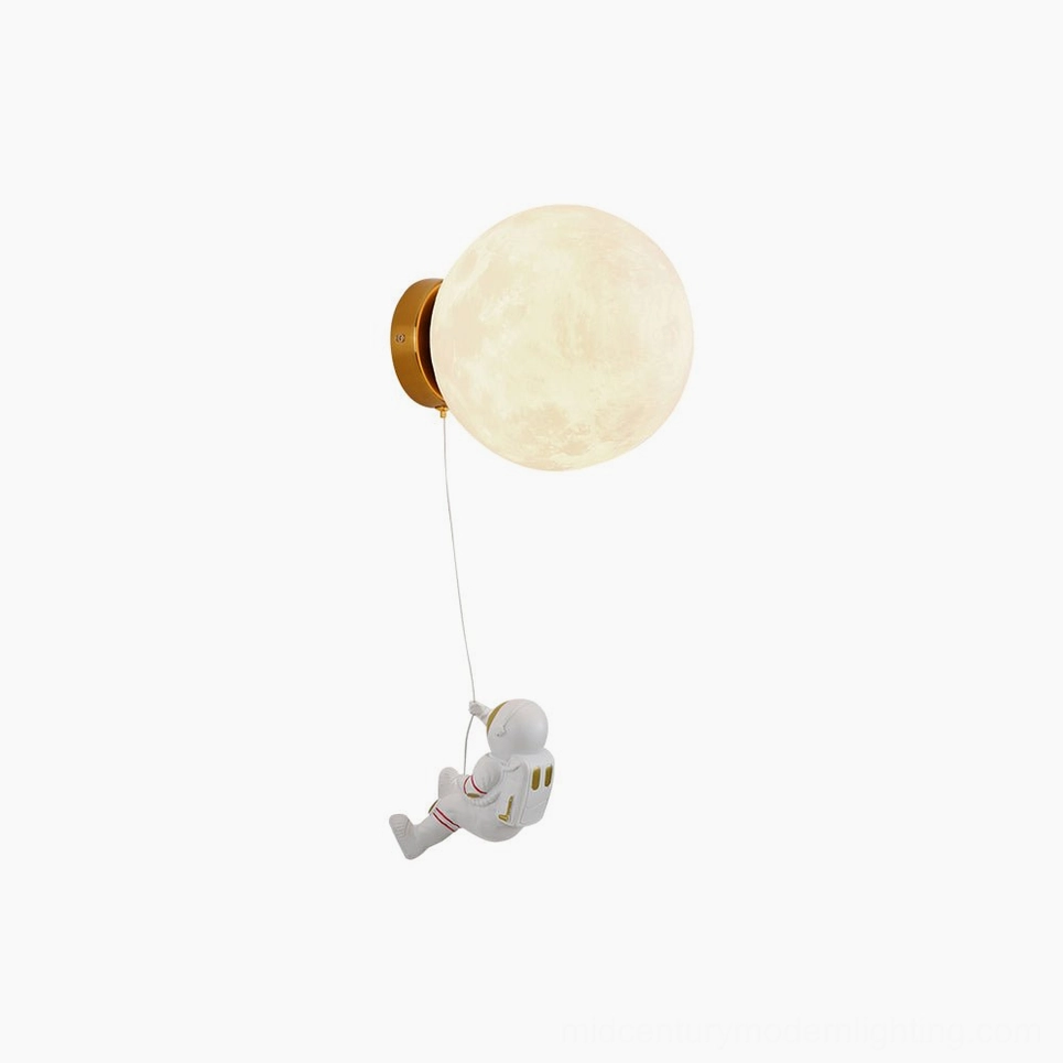 Lunar Wall Lamp with Astronaut Resin - Modern Moon Globe Sconce in white finish