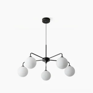 Lune mid-century modern 5-globe chandelier with frosted milk glass shades and black metal frame on white background