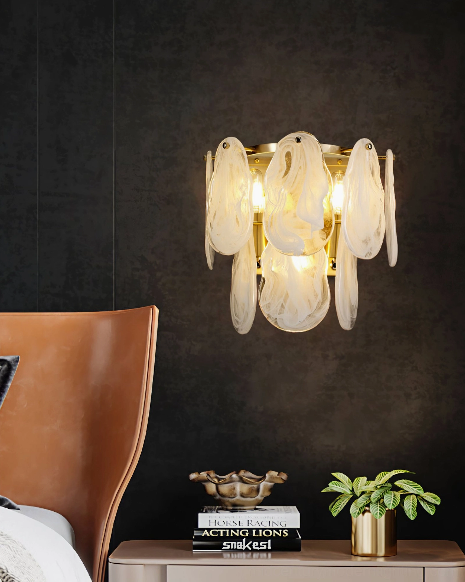 Multiple lit frosted cloud glass shades with brass gold base in luxury bedroom corner, close-up front view showing petal-shaped glass details
