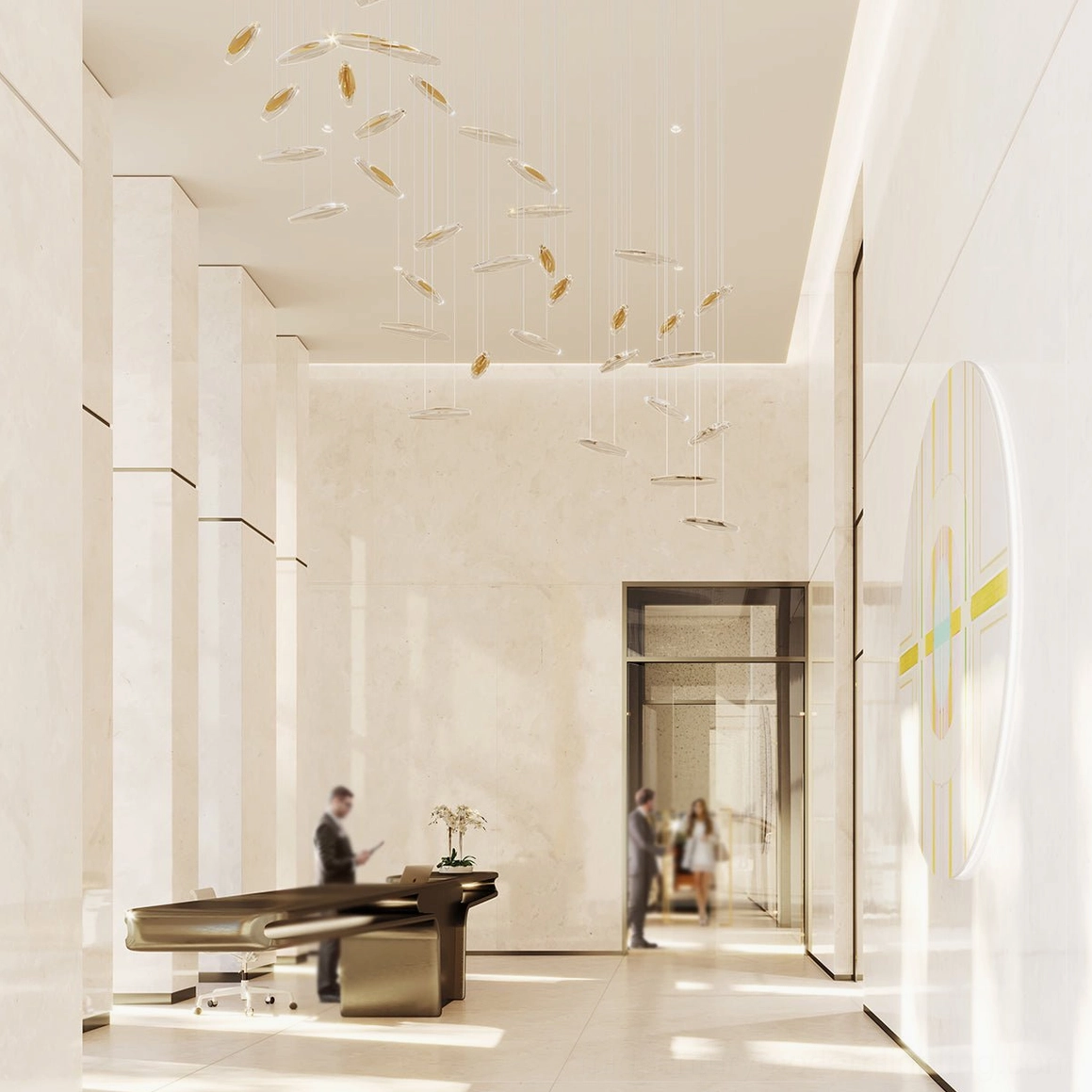 High-floor cascading chandelier in luxury modern lobby gallery with minimalist white interior and grand piano