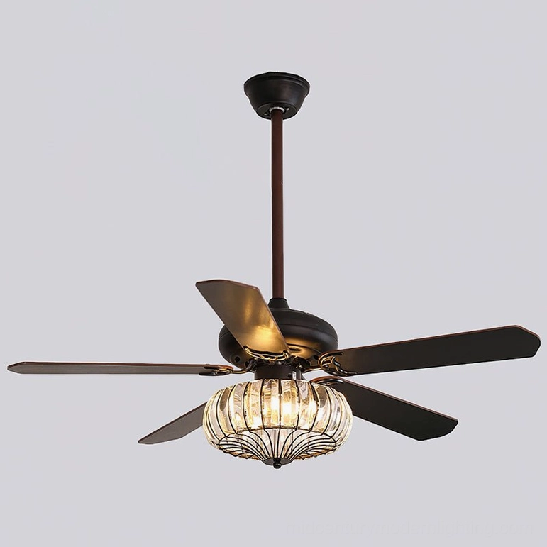 Luxury crystal cage ceiling fan light, angle view highlighting crystal enclosure and metal framework in black finish
