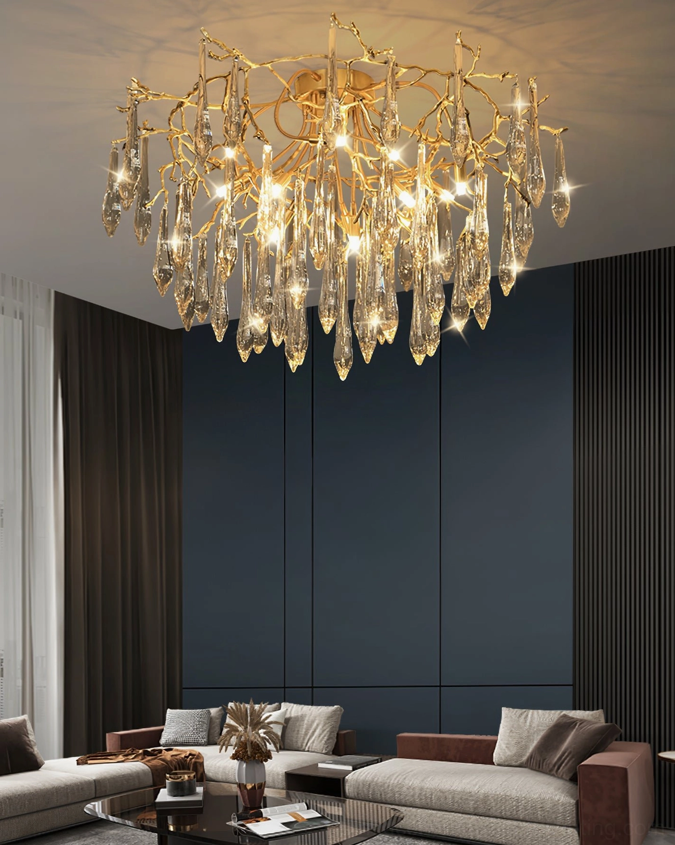 Luxury crystal ceiling lamp with organic brass branches, sculptural lighting design