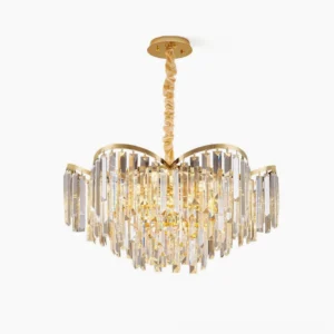 Crystal prism chandelier with scalloped gold frame and cascading clear crystals on white background