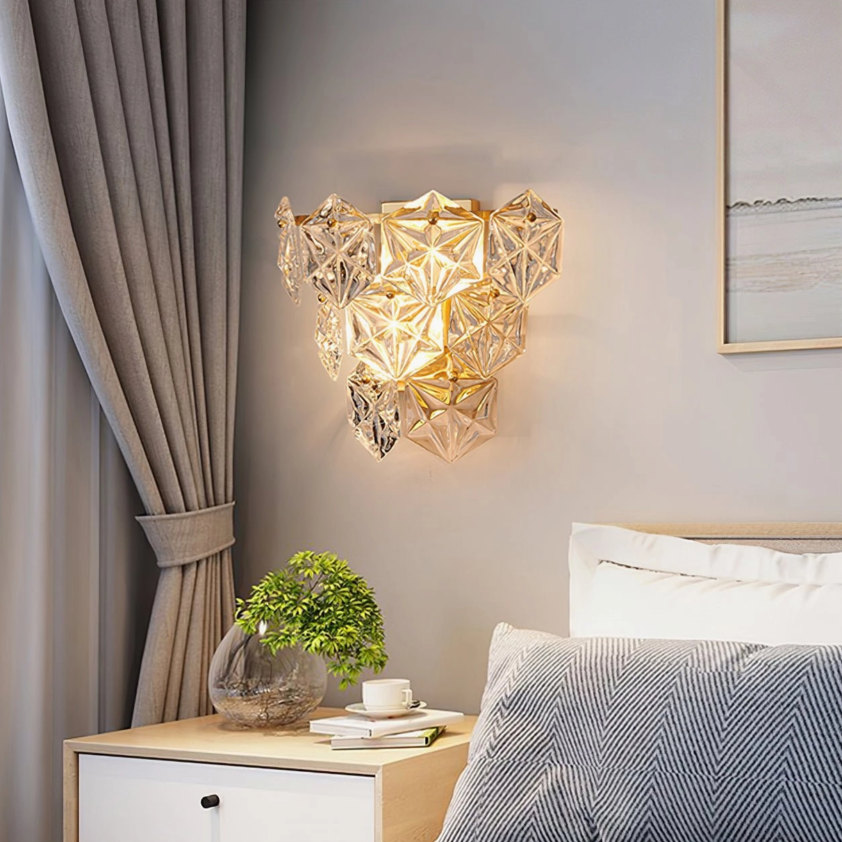 Modern crystal wall sconce installed in bedroom bedside ambiance creating luxury lighting