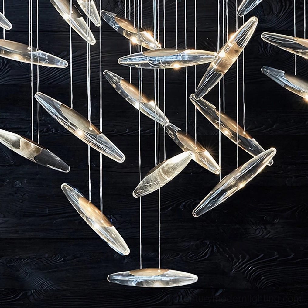 Luxury glass chandelier with polished metallic framework and cascading pendants in sophisticated interior