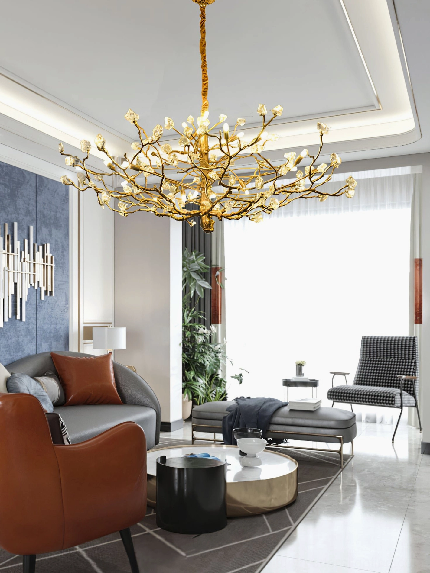 Luxury home interior with multi-head gemstone branch chandelier focal point installation
