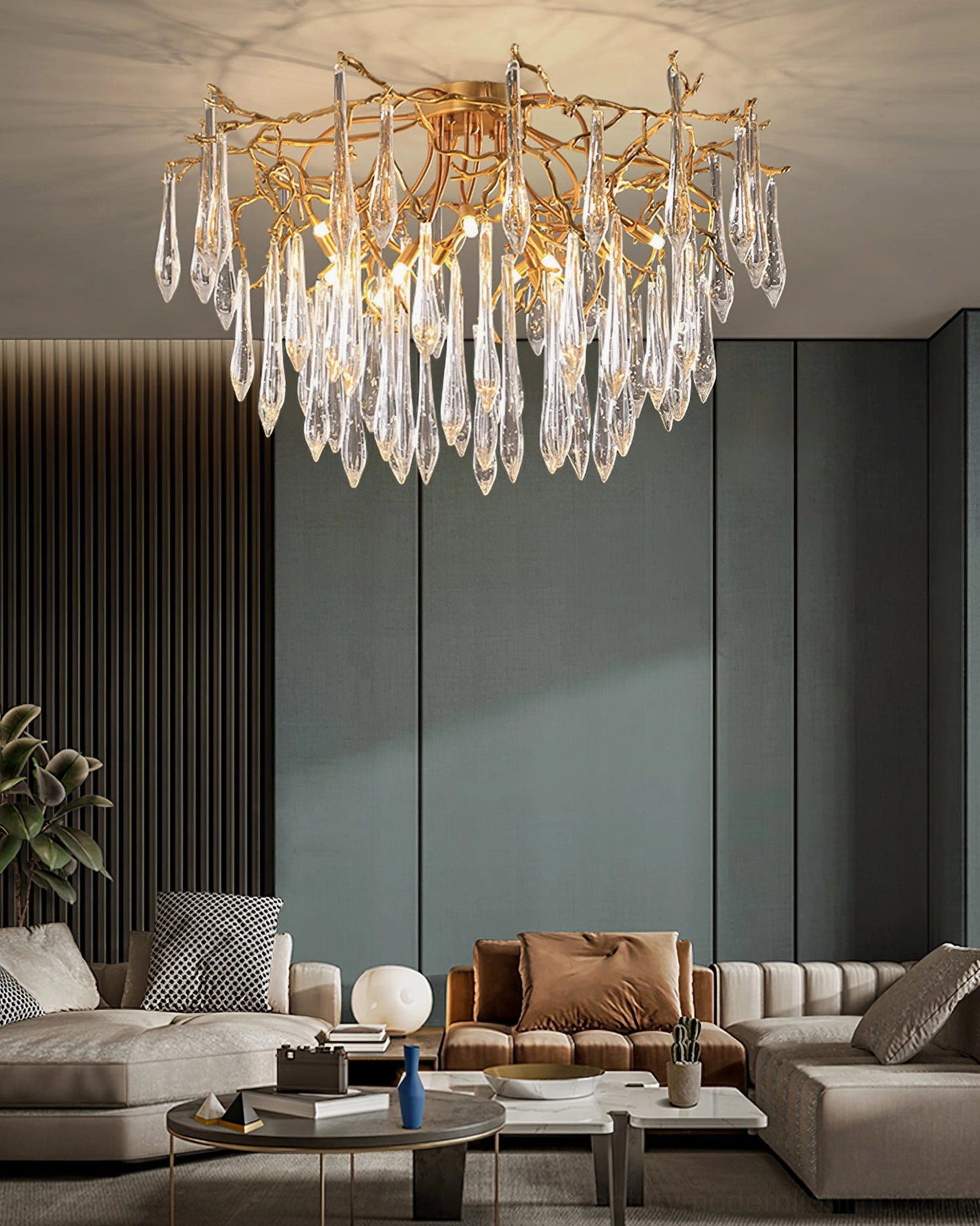 Luxury minimalist teardrop crystal ceiling lamp in contemporary fabric sofa interior design
