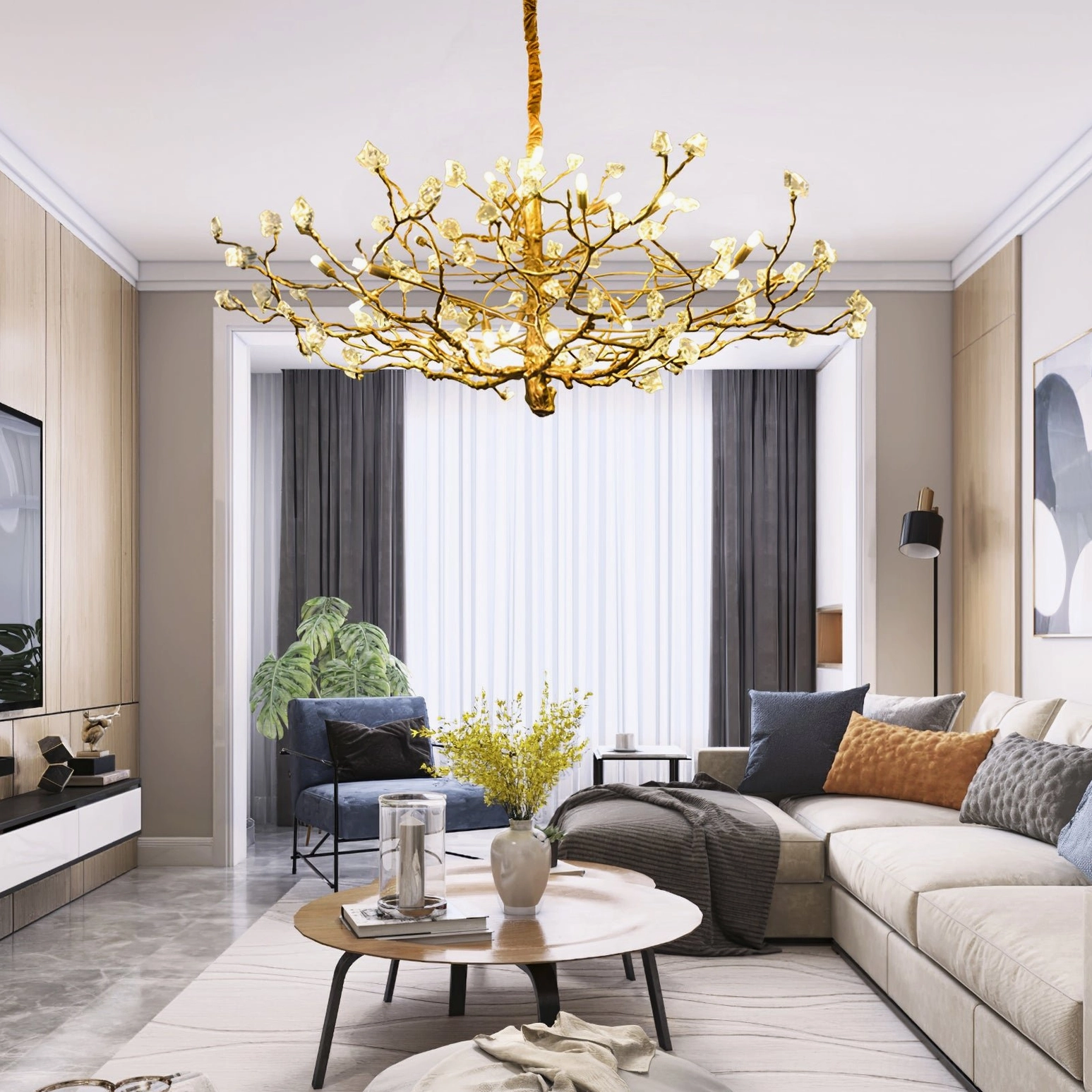Luxury modern living room ceiling with gold-finished gemstone branch chandelier crystal decoration