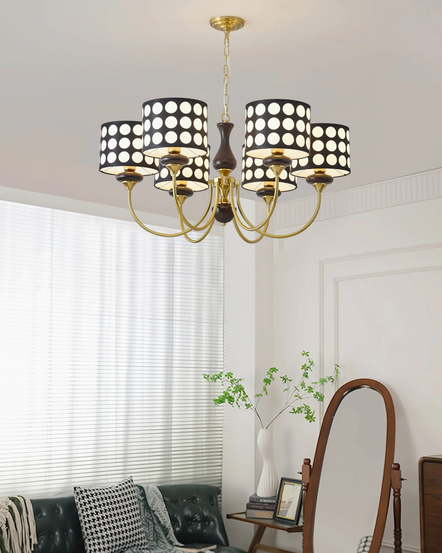 6-light black polka dot chandelier with gold metal frame and geometric shades, luxury living room with sofa