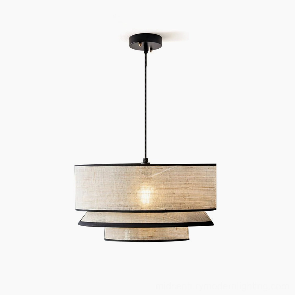 Luzes natural abaca woven two-tiered pendant lamp with black metal frame on white background, front view product shot