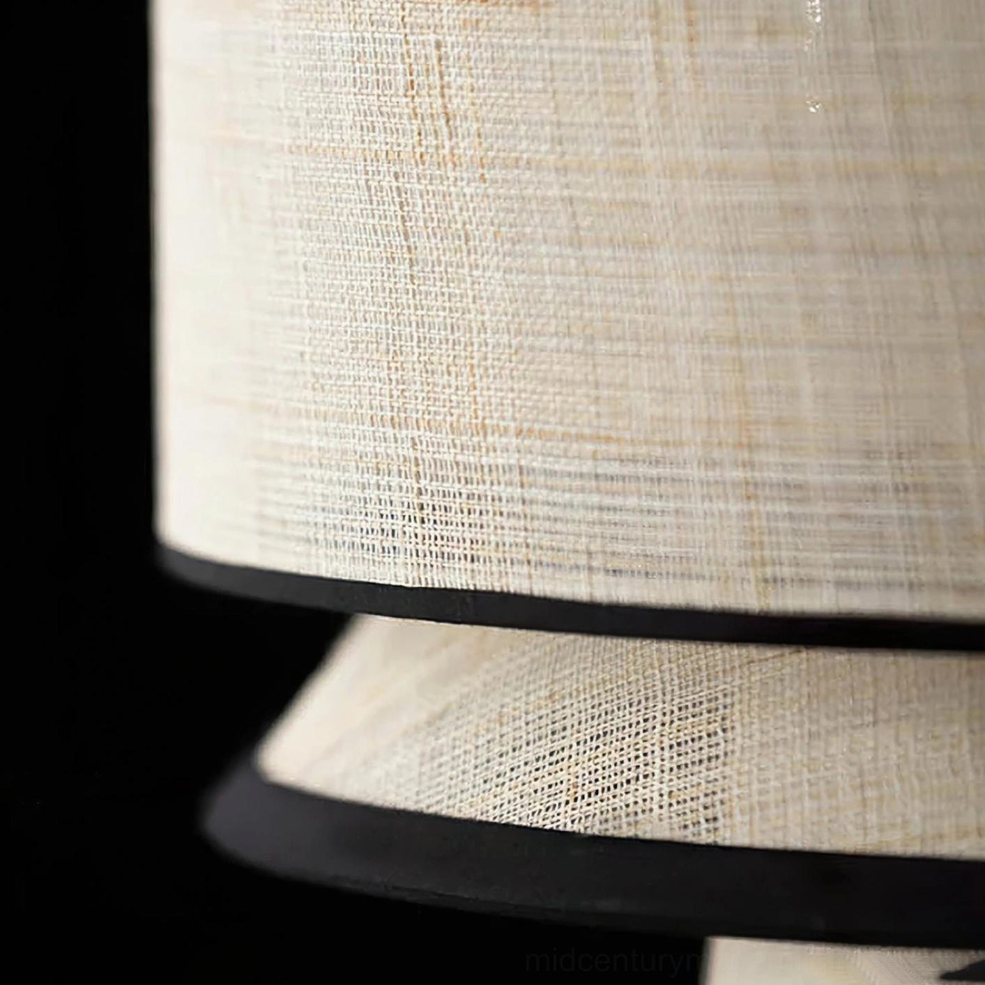 Mid-century modern two-tiered woven pendant light fixture detail shot showing craftsmanship and material texture