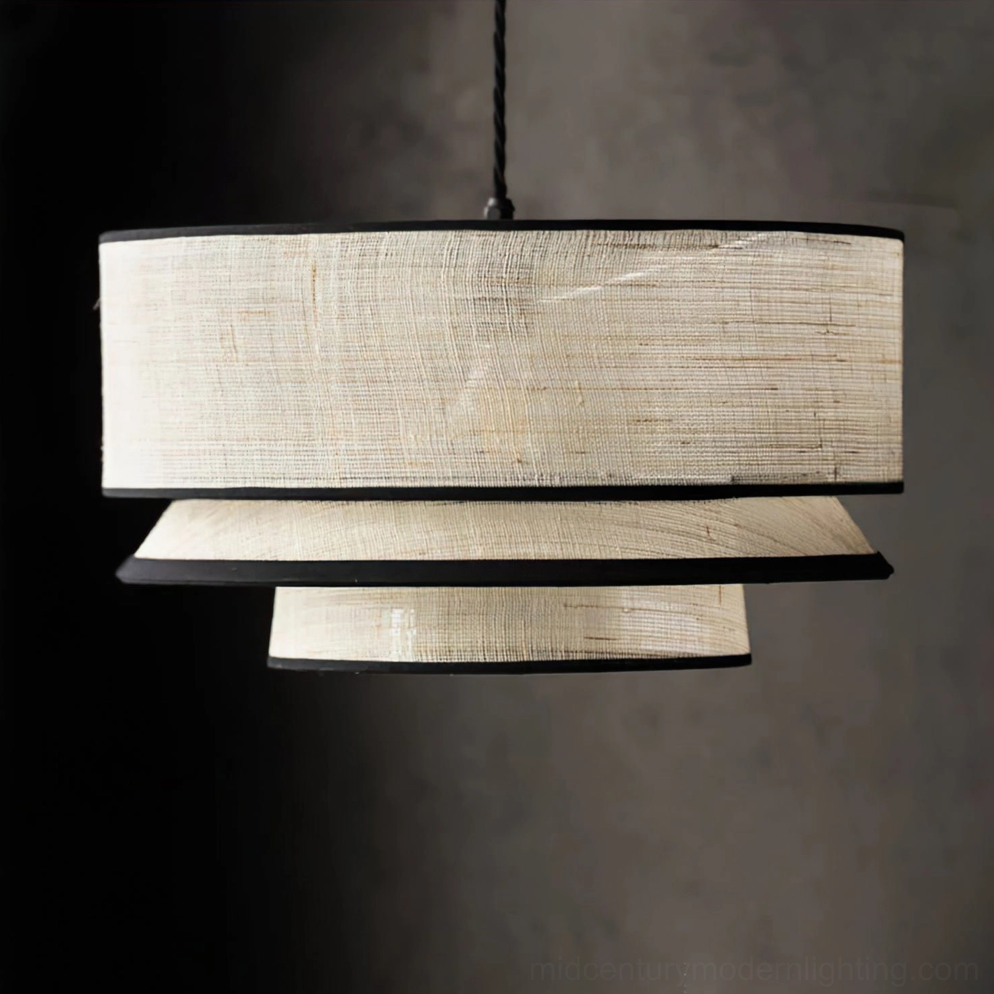 Luzes natural abaca woven pendant lamp architectural detail showing layered construction and metal frame design
