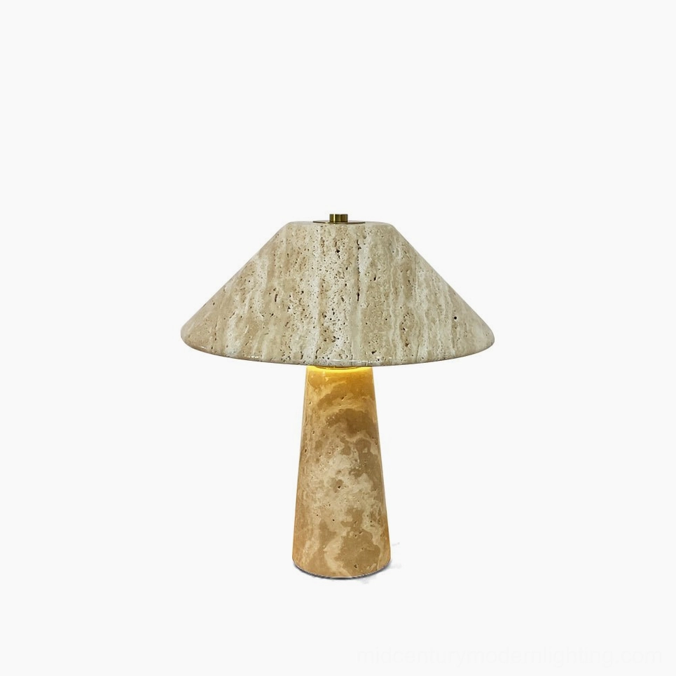Lydia travertine table lamp product hero shot showcasing sculptural mushroom form and warm beige finish