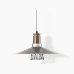 Lyfa industrial pendant light with brushed aluminum cone shade and walnut wood accent, front studio view