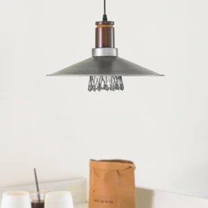 Bottom close-up detail of Lyfa pendant showing exposed Edison bulb with wire cage guard and brushed metal trim