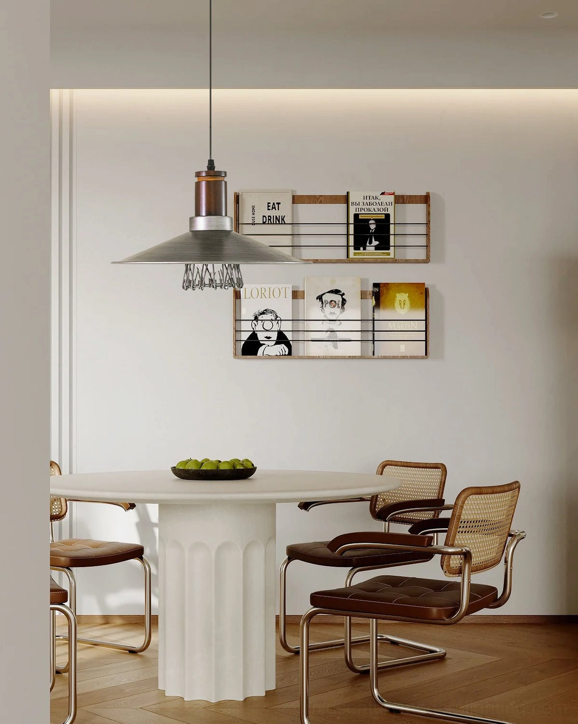 Lyfa mid-century modern pendant light side profile showing conical metal shade and wood accent detail