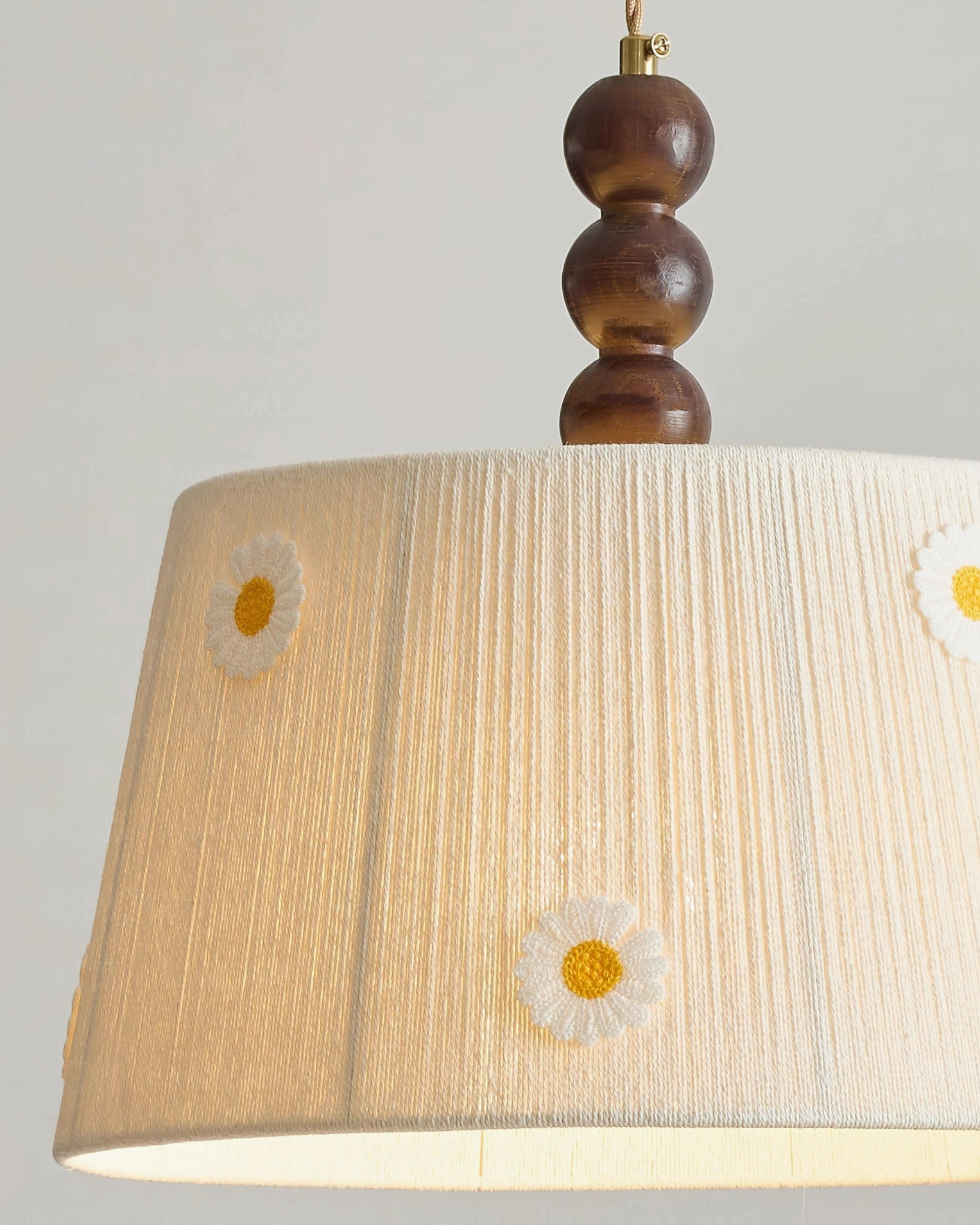 Lytham embroidered daisy pendant light overall product view showcasing walnut color and off-white textile shade