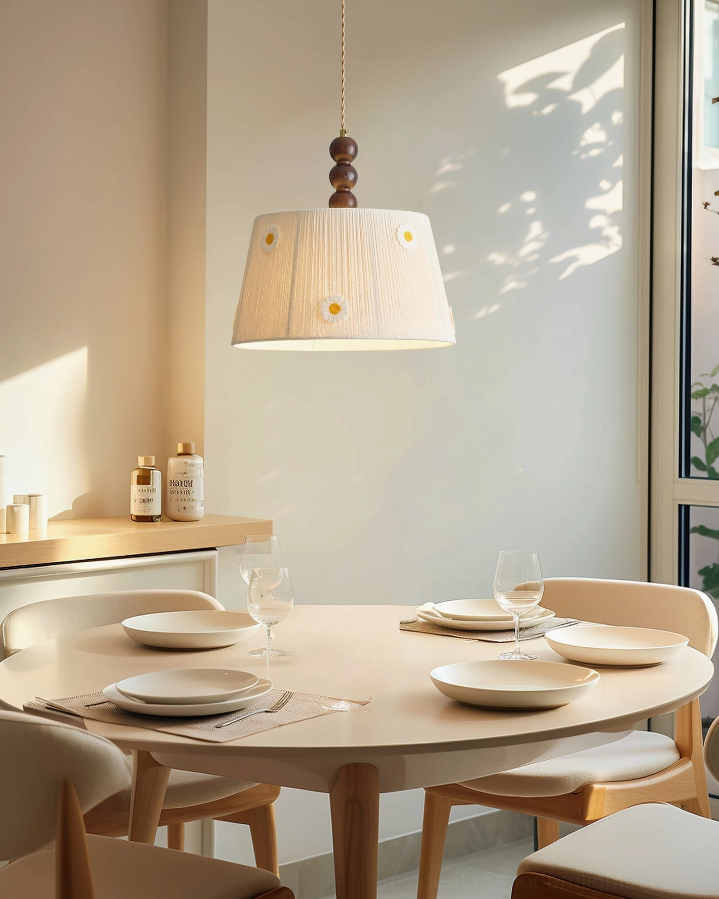 Lytham embroidered daisy pendant light above round dining table in minimalist Scandinavian interior