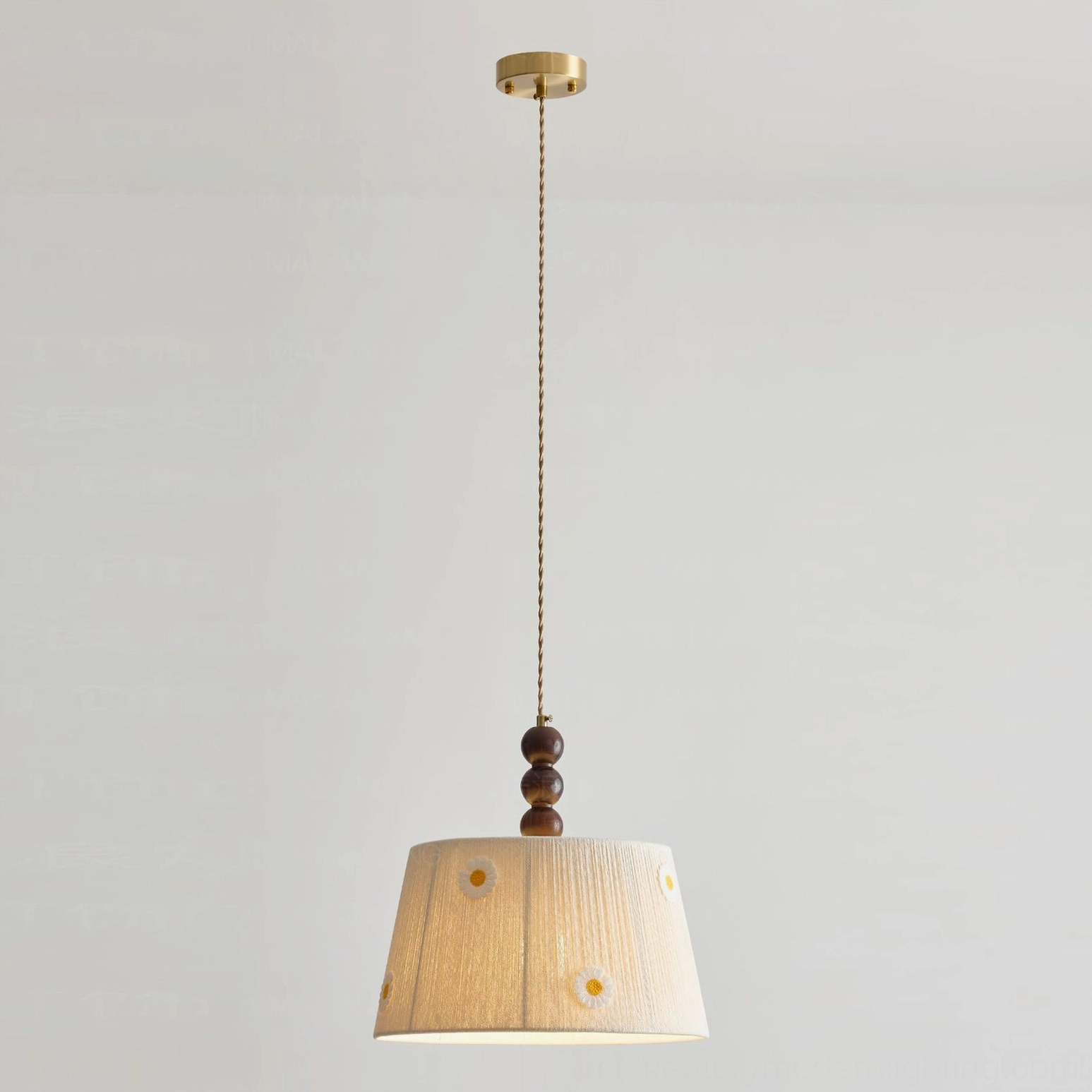 Lytham daisy pendant light side profile showing brass hardware and woven linen shade detail
