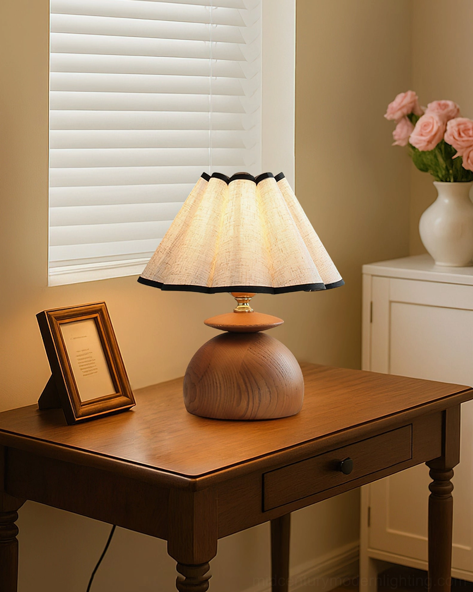 Mabel table lamp on bedroom bedside table paired with flower vase photo frame home decor