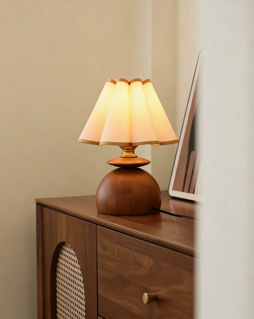 Mabel table lamp partial side view on wooden sideboard with mirror retro japandi minimalist decor