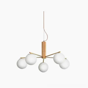 Macy Sputnik chandelier overhead view with walnut brass frame and frosted white glass orbs on white background