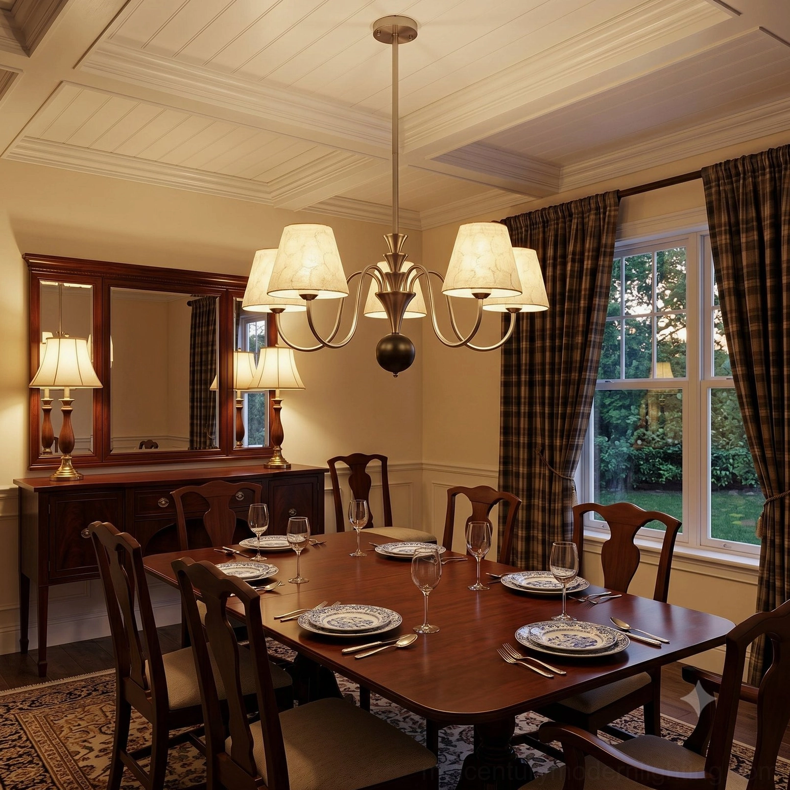 Modern capiz chandelier above formal dining table in garden room with plaid curtains and dark wood furniture