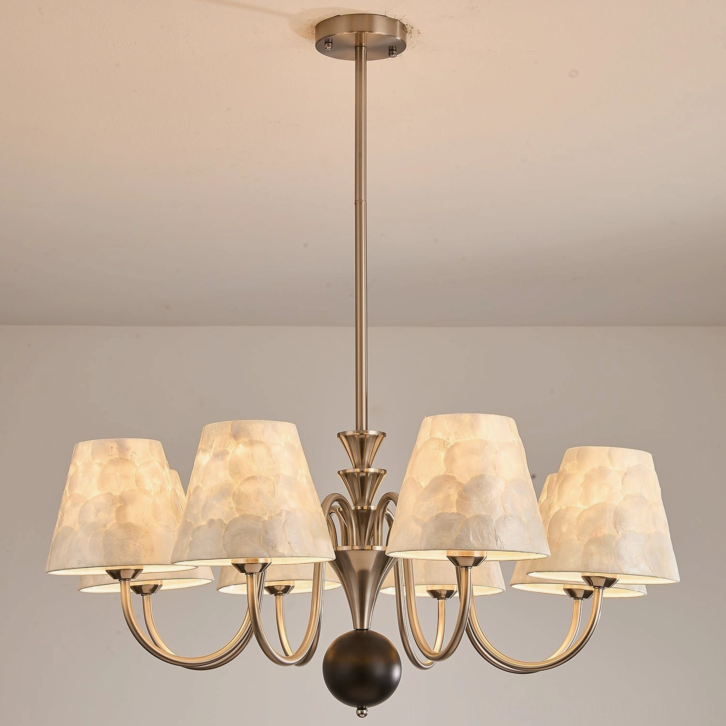 Maeve capiz shell chandelier comparison of white chrome and walnut metal finish options